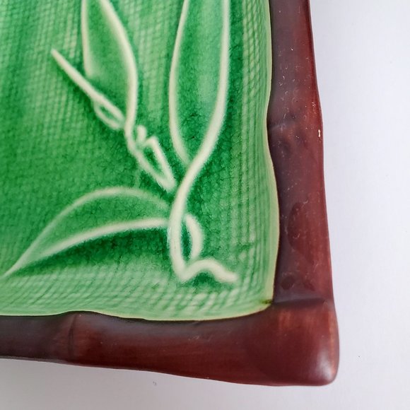 Large Ceramic Bamboo Trinket Dish Faux Wood Trim Green Mesh Imprint MCM Design - Picture 4 of 5